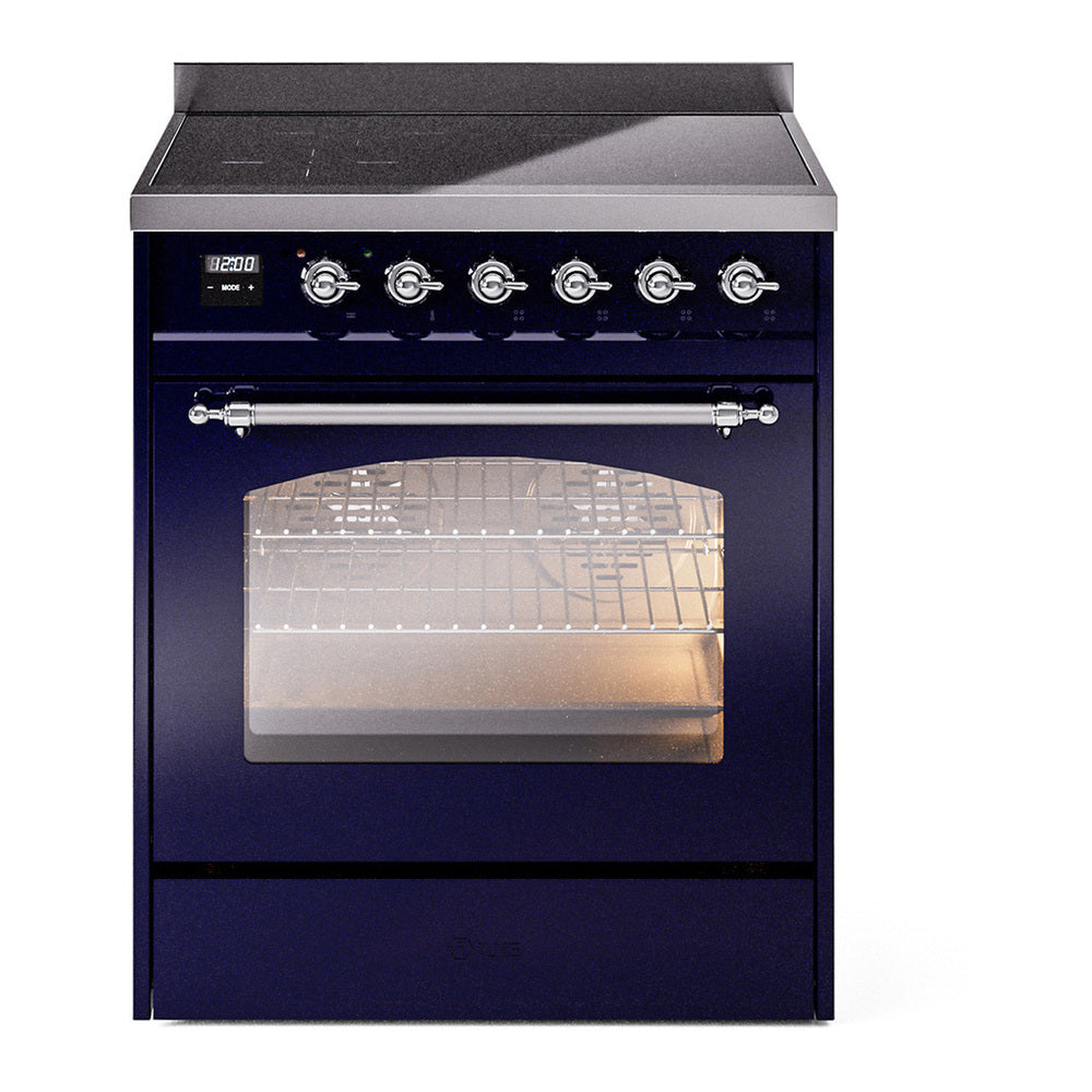 ILVE Nostalgie II 30" Induction Range - 4-Element Induction, 4.0 cu. ft. Oven - Triple Glass Door - Midnight Blue / Chrome
