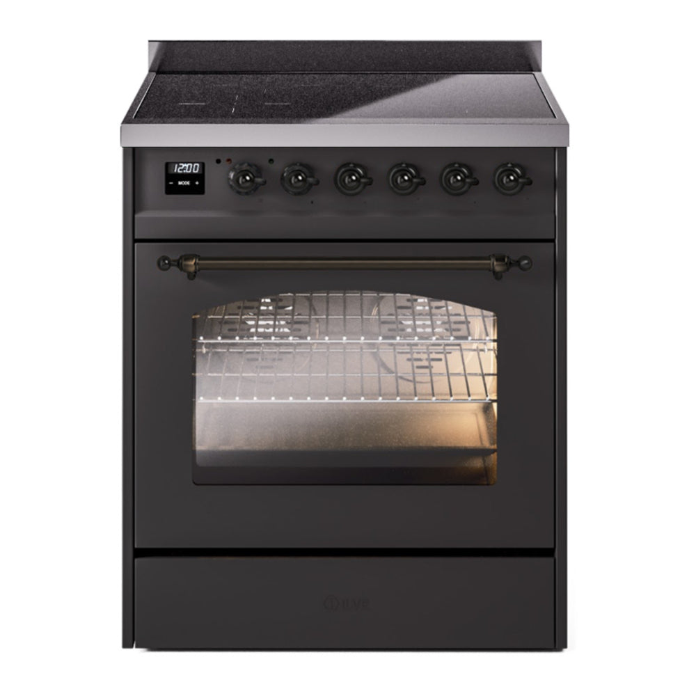 ILVE Nostalgie II 30" Induction Range - 4-Element Induction, 4.0 cu. ft. Oven - Triple Glass Door - Graphite Matte / Bronze