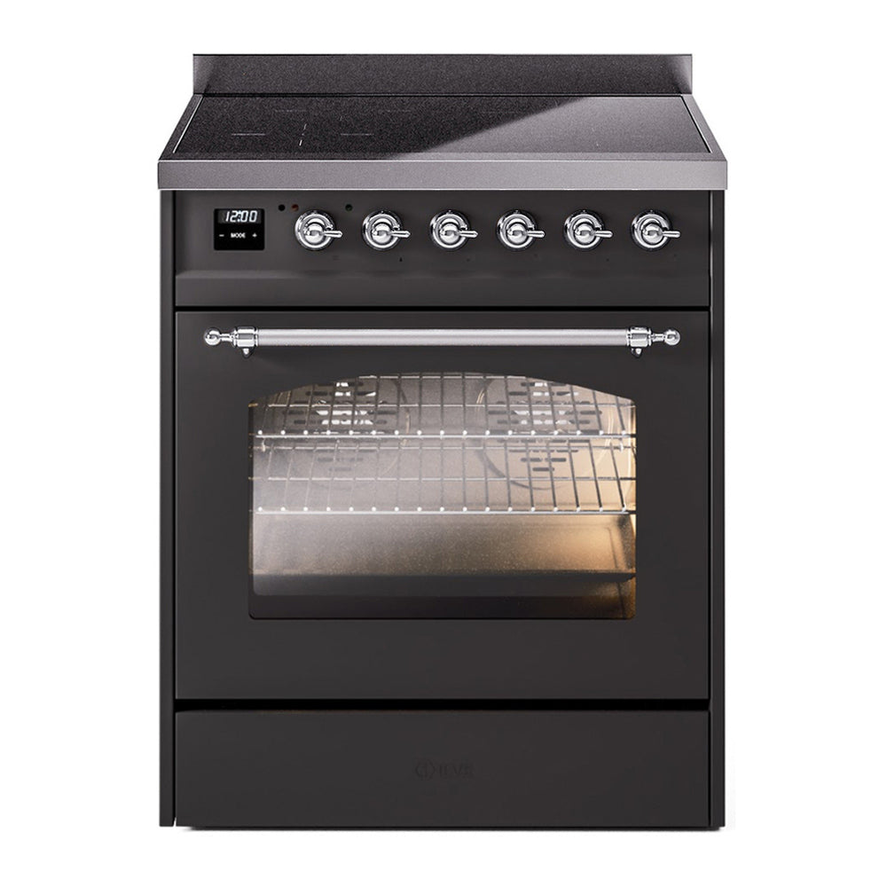ILVE Nostalgie II 30" Induction Range - 4-Element Induction, 4.0 cu. ft. Oven - Triple Glass Door - Graphite Matte / Chrome