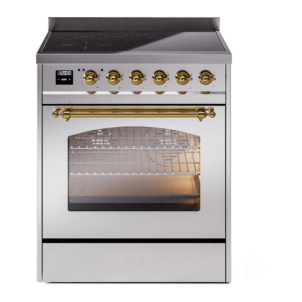 ILVE Nostalgie II 30" Induction Range - 4-Element Induction, 4.0 cu. ft. Oven - Triple Glass Door - Stainless Steel / Brass