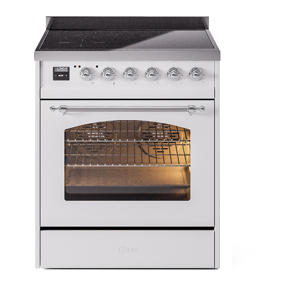 ILVE Nostalgie II 30" Induction Range - 4-Element Induction, 4.0 cu. ft. Oven - Triple Glass Door - White / Chrome