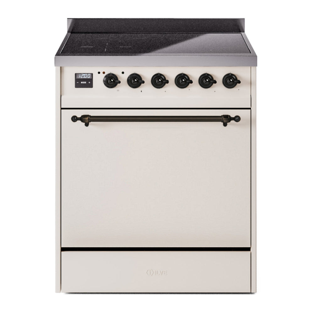 ILVE Nostalgie II 30" Induction Range - 4-Element Induction, 4.0 cu. ft. Oven - Solid Door - Antique White / Bronze