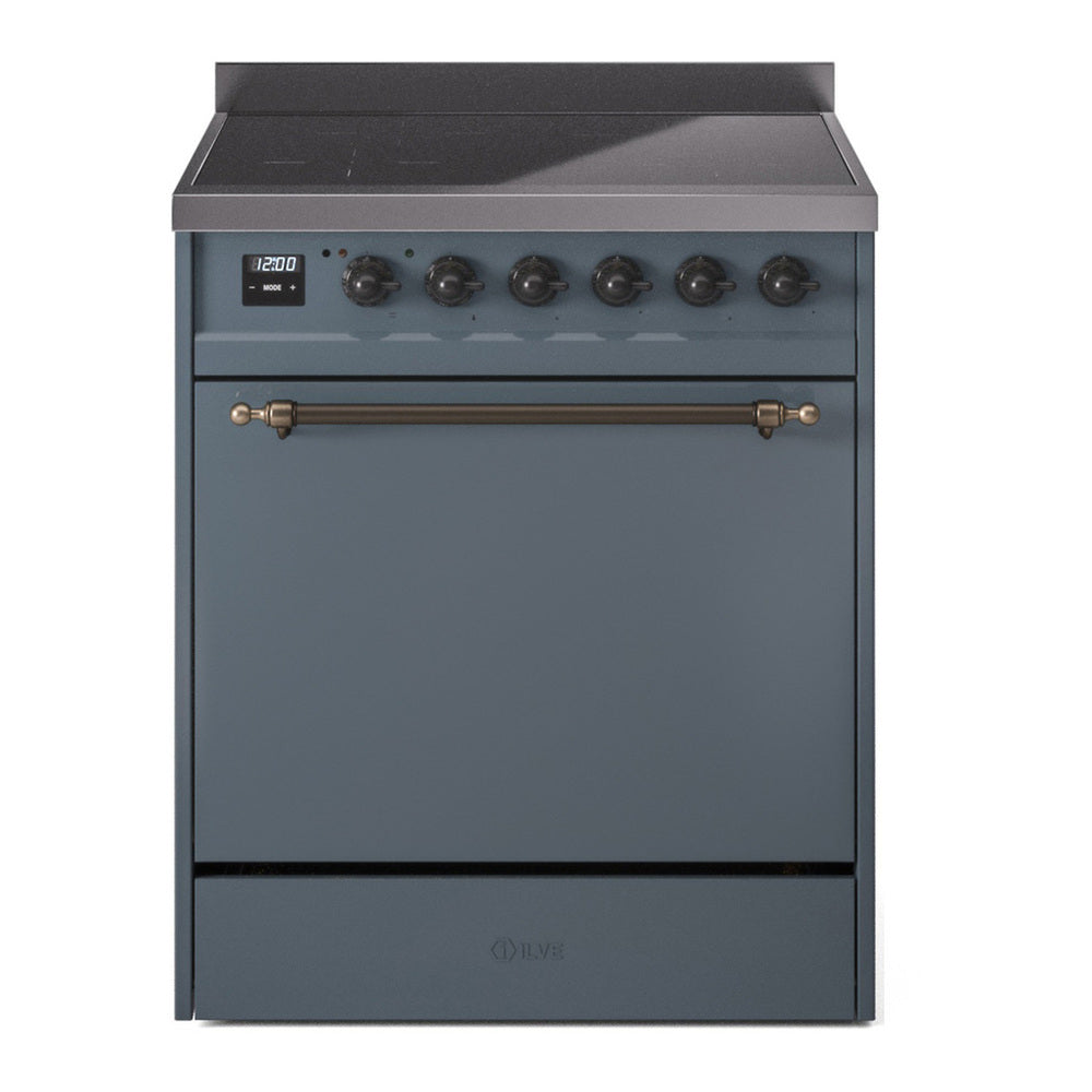 ILVE Nostalgie II 30" Induction Range - 4-Element Induction, 4.0 cu. ft. Oven - Solid Door - Blue Grey / Bronze