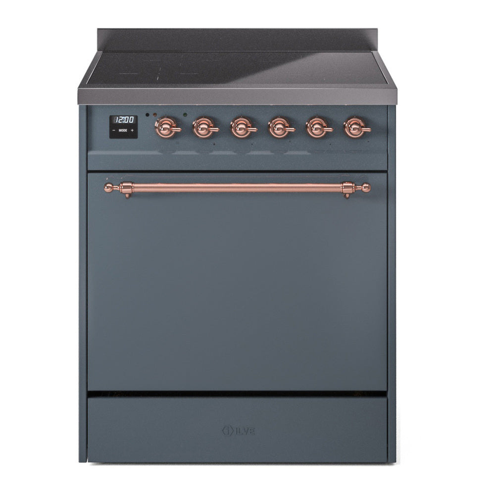 ILVE Nostalgie II 30" Induction Range - 4-Element Induction, 4.0 cu. ft. Oven - Solid Door - Blue Grey / Copper