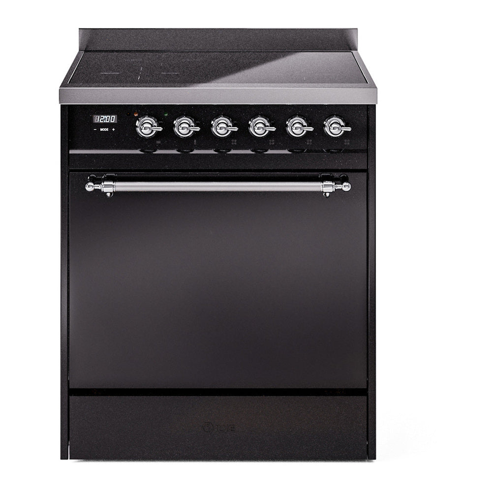 ILVE Nostalgie II 30" Induction Range - 4-Element Induction, 4.0 cu. ft. Oven - Solid Door - Glossy Black / Chrome
