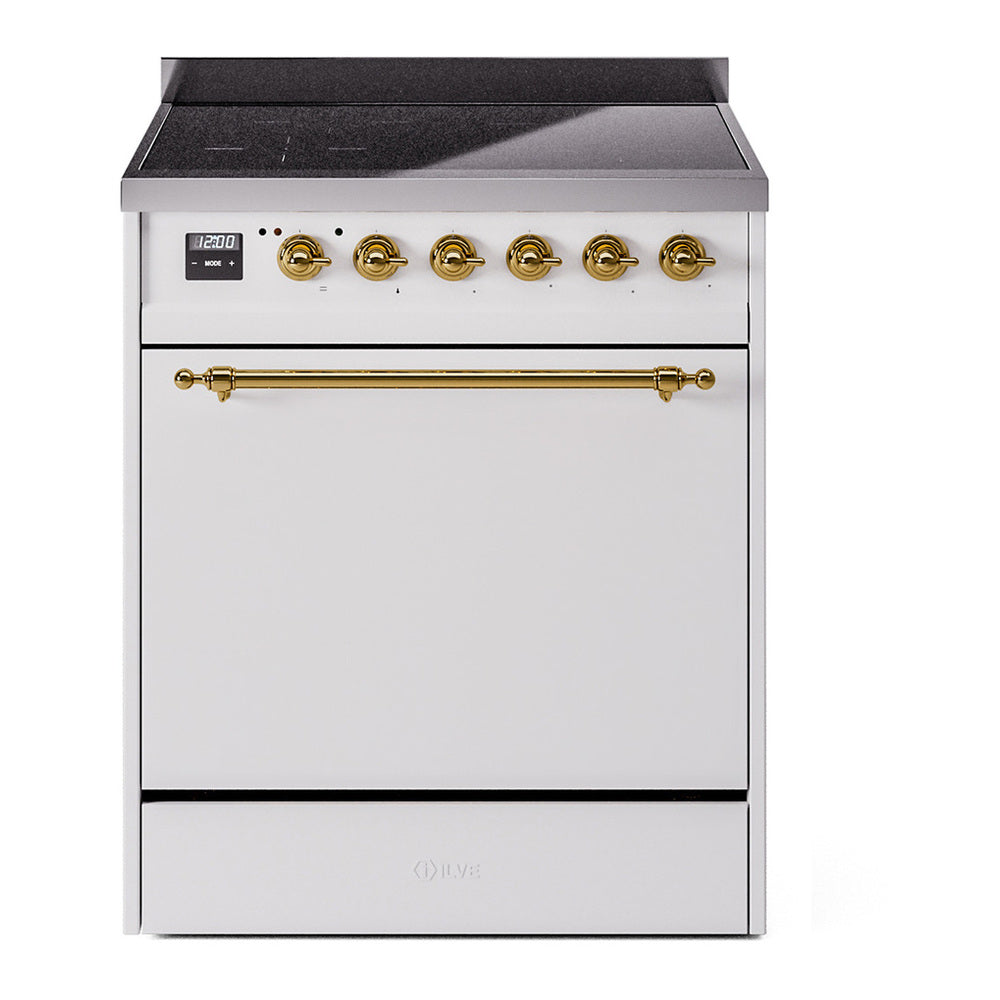 ILVE Nostalgie II 30" Induction Range - 4-Element Induction, 4.0 cu. ft. Oven - Solid Door - White / Brass