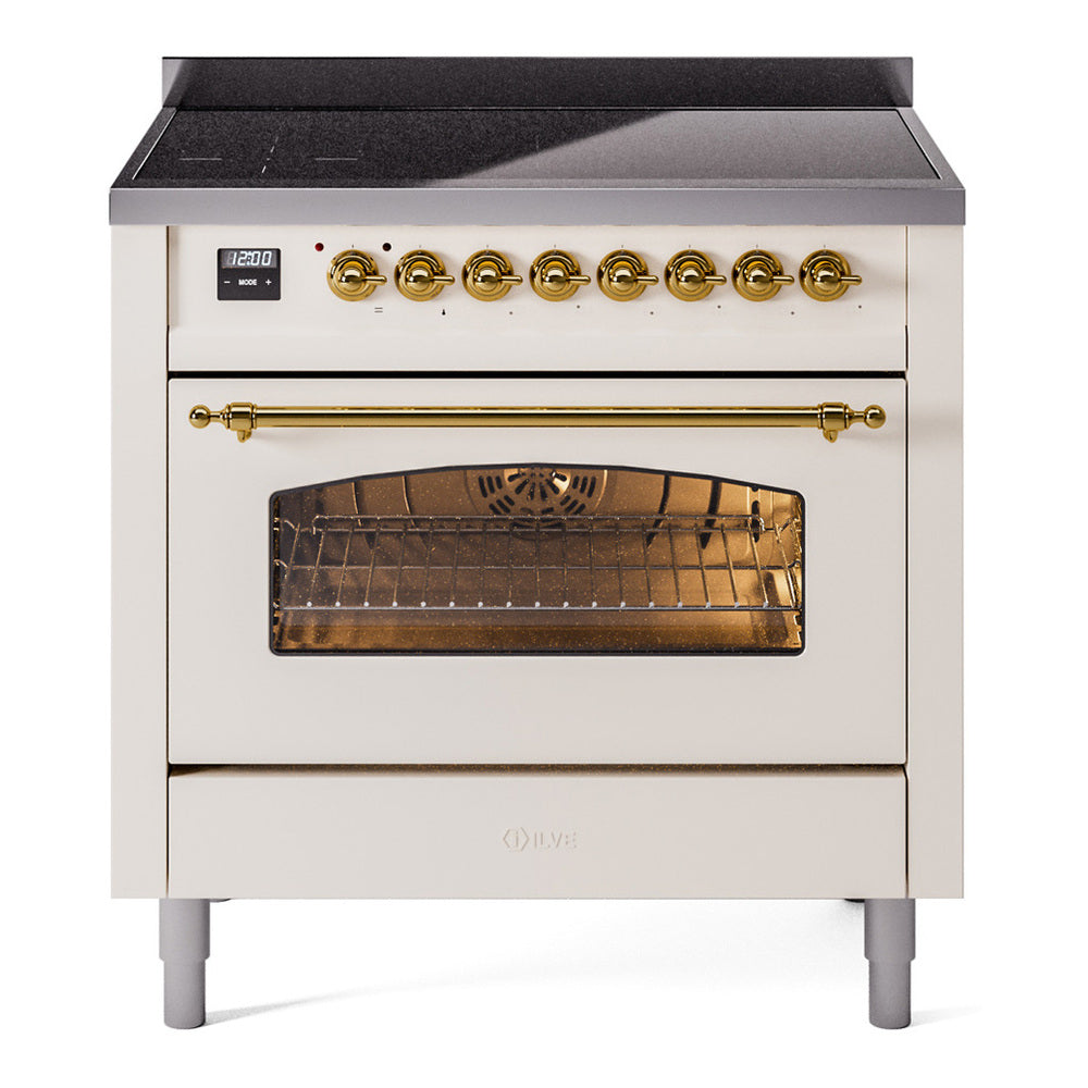 ILVE Nostalgie II 36" Induction Range - 6-Element Induction, 3.5 cu. ft. Oven - Triple Glass Door - Antique White / Brass