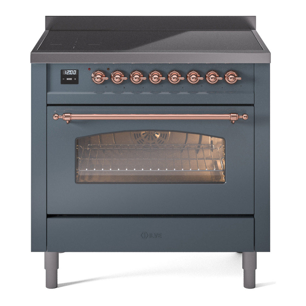 ILVE Nostalgie II 36" Induction Range - 6-Element Induction, 3.5 cu. ft. Oven - Triple Glass Door - Blue Grey / Copper