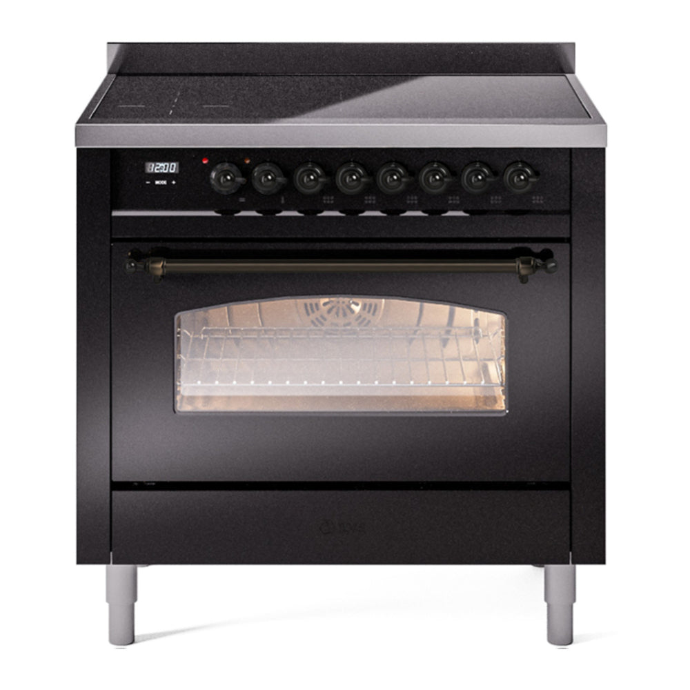 ILVE Nostalgie II 36" Induction Range - 6-Element Induction, 3.5 cu. ft. Oven - Triple Glass Door - Glossy Black / Bronze