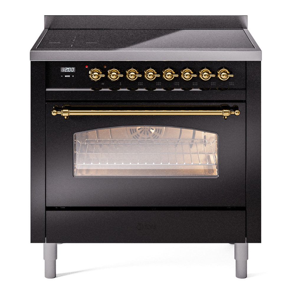 ILVE Nostalgie II 36" Induction Range - 6-Element Induction, 3.5 cu. ft. Oven - Triple Glass Door - Glossy Black / Brass