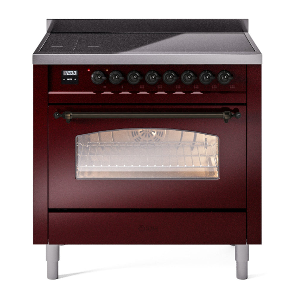 ILVE Nostalgie II 36" Induction Range - 6-Element Induction, 3.5 cu. ft. Oven - Triple Glass Door - Burgundy / Bronze