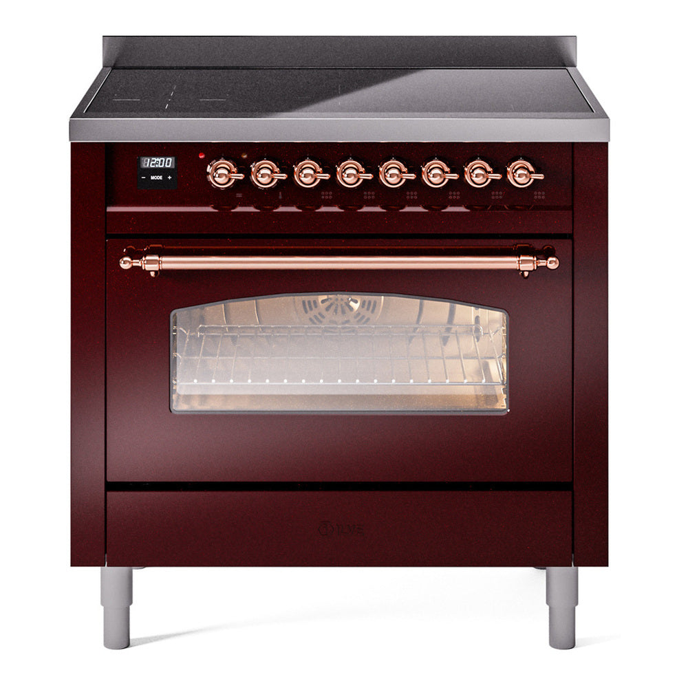 ILVE Nostalgie II 36" Induction Range - 6-Element Induction, 3.5 cu. ft. Oven - Triple Glass Door - Burgundy / Copper