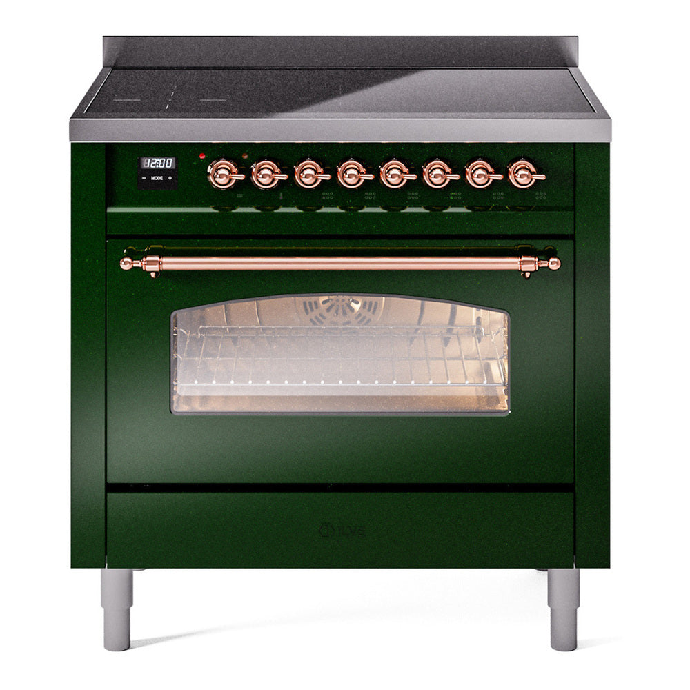 ILVE Nostalgie II 36" Induction Range - 6-Element Induction, 3.5 cu. ft. Oven - Triple Glass Door - Emerald Green / Copper