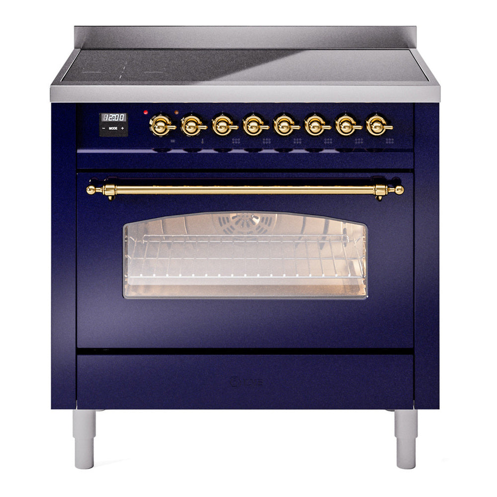 ILVE Nostalgie II 36" Induction Range - 6-Element Induction, 3.5 cu. ft. Oven - Triple Glass Door - Midnight Blue / Brass