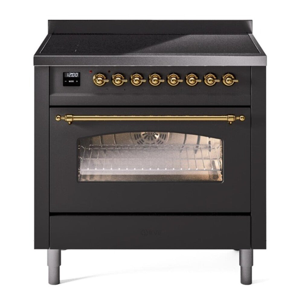 ILVE Nostalgie II 36" Induction Range - 6-Element Induction, 3.5 cu. ft. Oven - Triple Glass Door - Graphite Matte / Brass