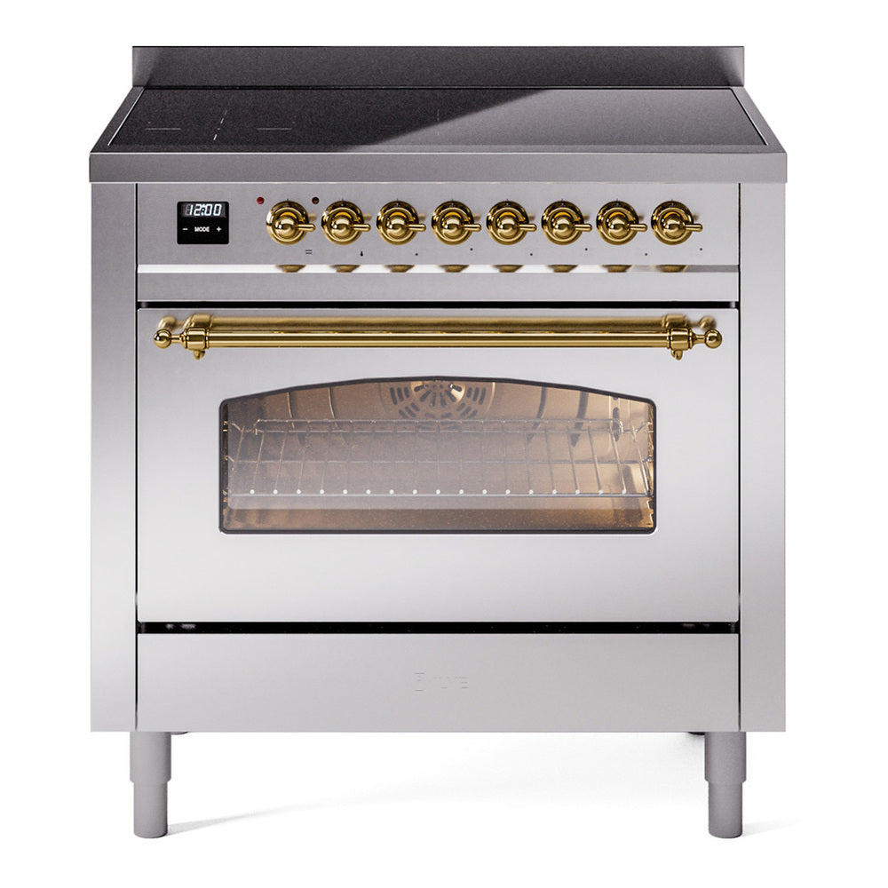 ILVE Nostalgie II 36" Induction Range - 6-Element Induction, 3.5 cu. ft. Oven - Triple Glass Door - Stainless Steel / Brass