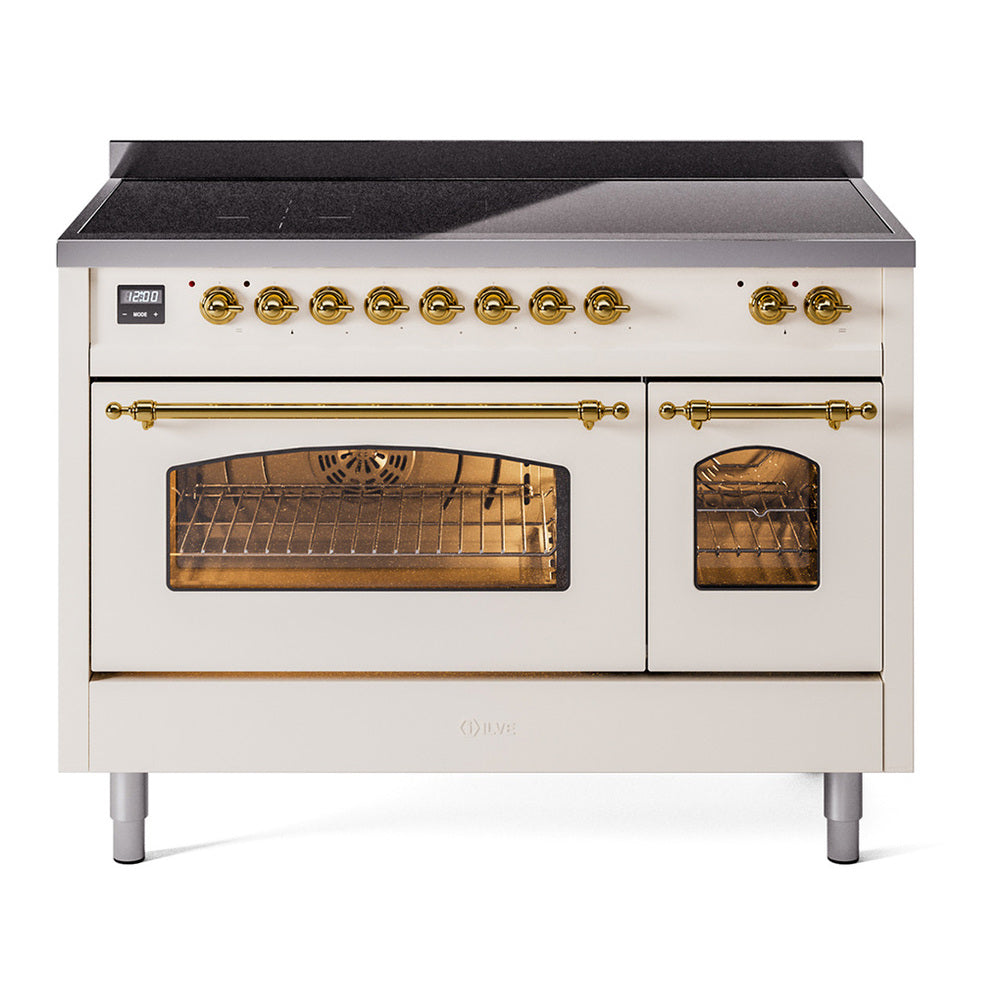 ILVE Nostalgie II 48" Induction Range - Double Ovens, 6-Element Induction - Triple Glass Door - Antique White / Brass
