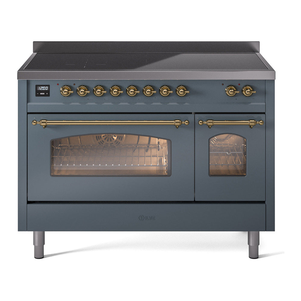 ILVE Nostalgie II 48" Induction Range - Double Ovens, 6-Element Induction - Triple Glass Door - Blue Grey / Brass
