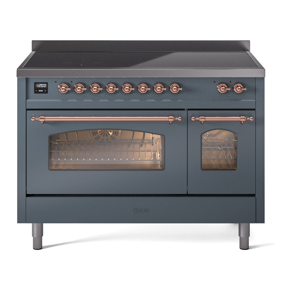 ILVE Nostalgie II 48" Induction Range - Double Ovens, 6-Element Induction - Triple Glass Door - Blue Grey / Copper