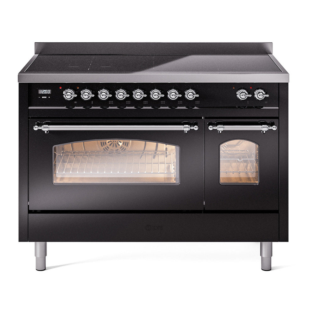 ILVE Nostalgie II 48" Induction Range - Double Ovens, 6-Element Induction - Triple Glass Door - Glossy Black / Chrome