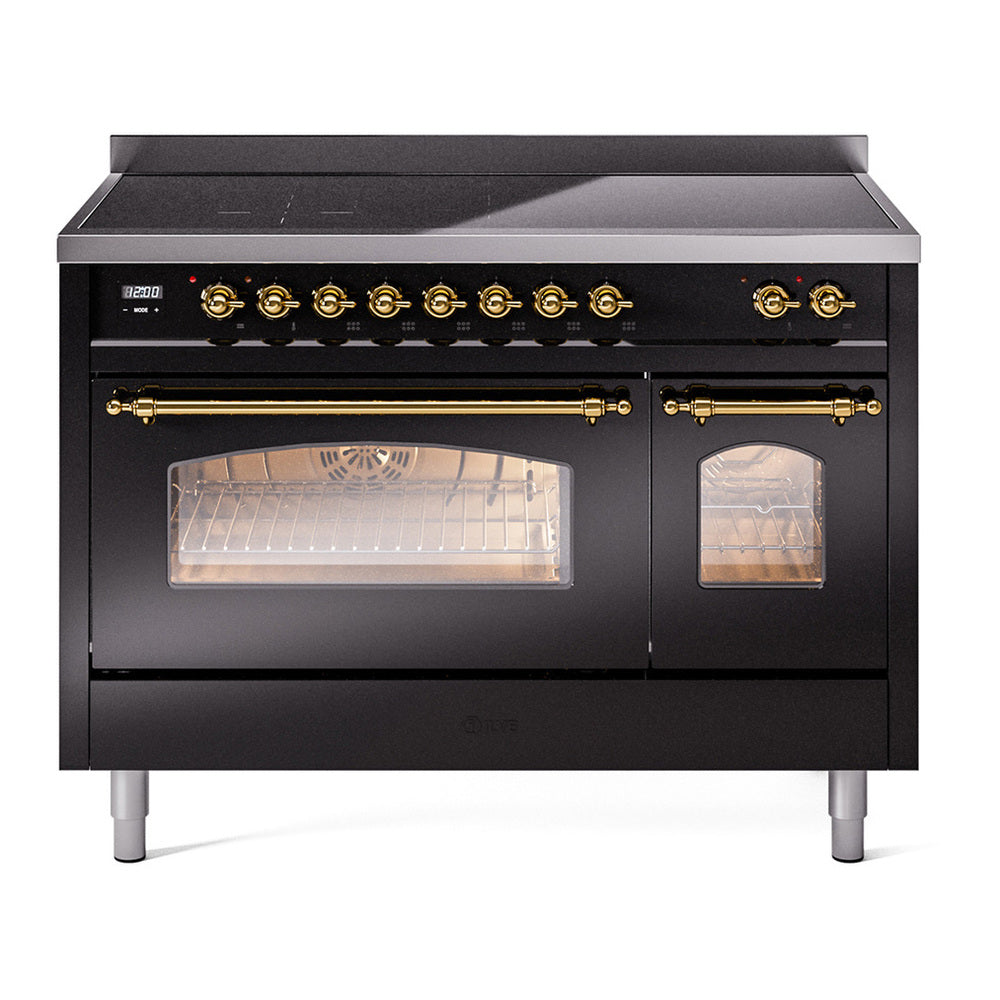 ILVE Nostalgie II 48" Induction Range - Double Ovens, 6-Element Induction - Triple Glass Door - Glossy Black / Brass