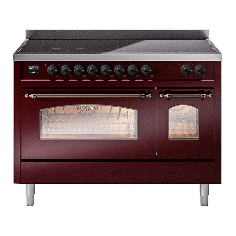 ILVE Nostalgie II 48" Induction Range - Double Ovens, 6-Element Induction - Triple Glass Door - Burgundy / Bronze