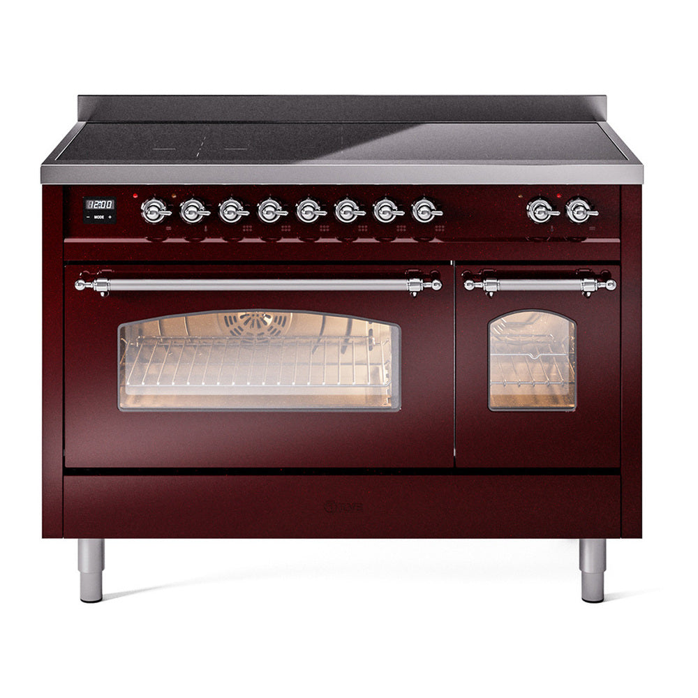 ILVE Nostalgie II 48" Induction Range - Double Ovens, 6-Element Induction - Triple Glass Door - Burgundy / Chrome