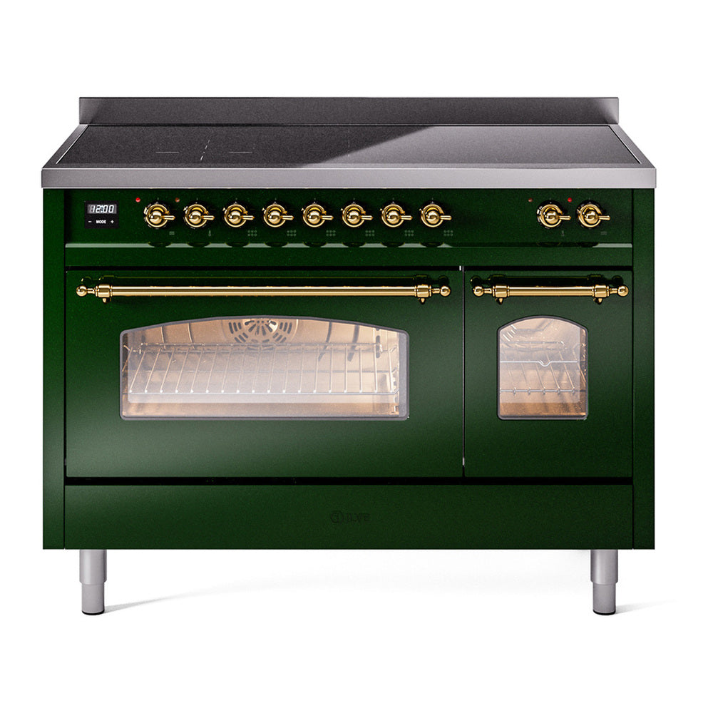ILVE Nostalgie II 48" Induction Range - Double Ovens, 6-Element Induction - Triple Glass Door - Emerald Green / Brass