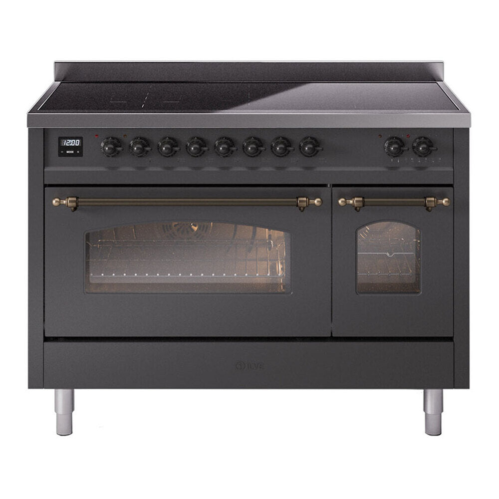 ILVE Nostalgie II 48" Induction Range - Double Ovens, 6-Element Induction - Triple Glass Door - Graphite Matte / Bronze