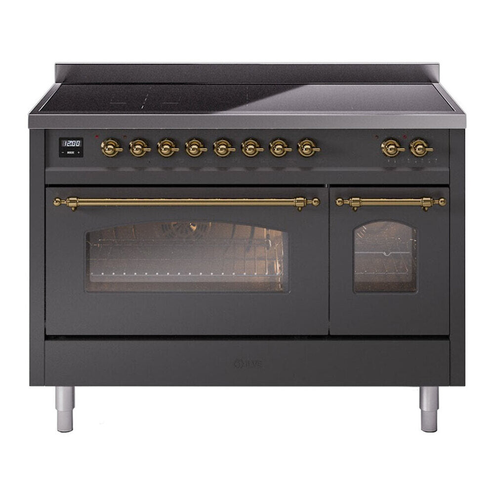 ILVE Nostalgie II 48" Induction Range - Double Ovens, 6-Element Induction - Triple Glass Door - Graphite Matte / Brass