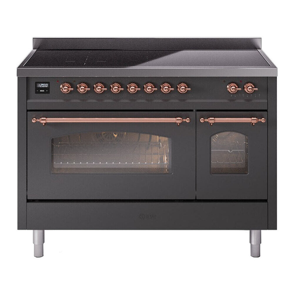 ILVE Nostalgie II 48" Induction Range - Double Ovens, 6-Element Induction - Triple Glass Door - Graphite Matte / Copper