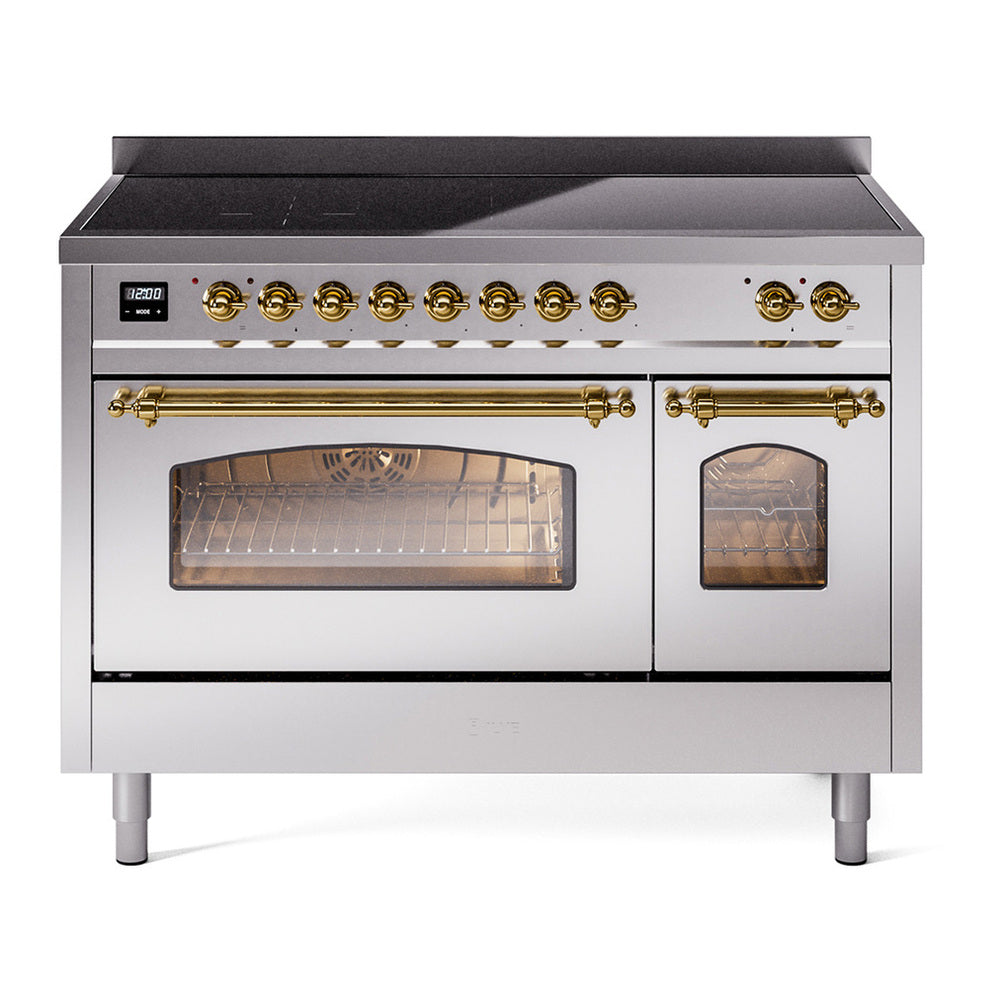 ILVE Nostalgie II 48" Induction Range - Double Ovens, 6-Element Induction - Triple Glass Door - Stainless Steel / Brass