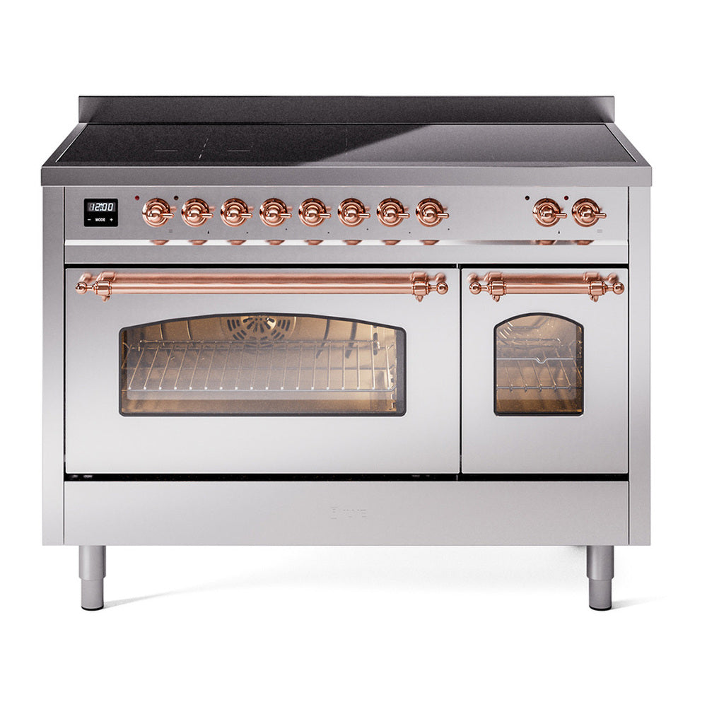ILVE Nostalgie II 48" Induction Range - Double Ovens, 6-Element Induction - Triple Glass Door - Stainless Steel / Copper