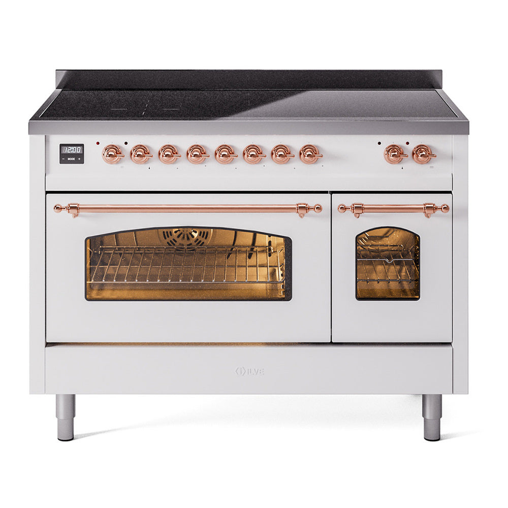 ILVE Nostalgie II 48" Induction Range - Double Ovens, 6-Element Induction - Triple Glass Door - White / Copper