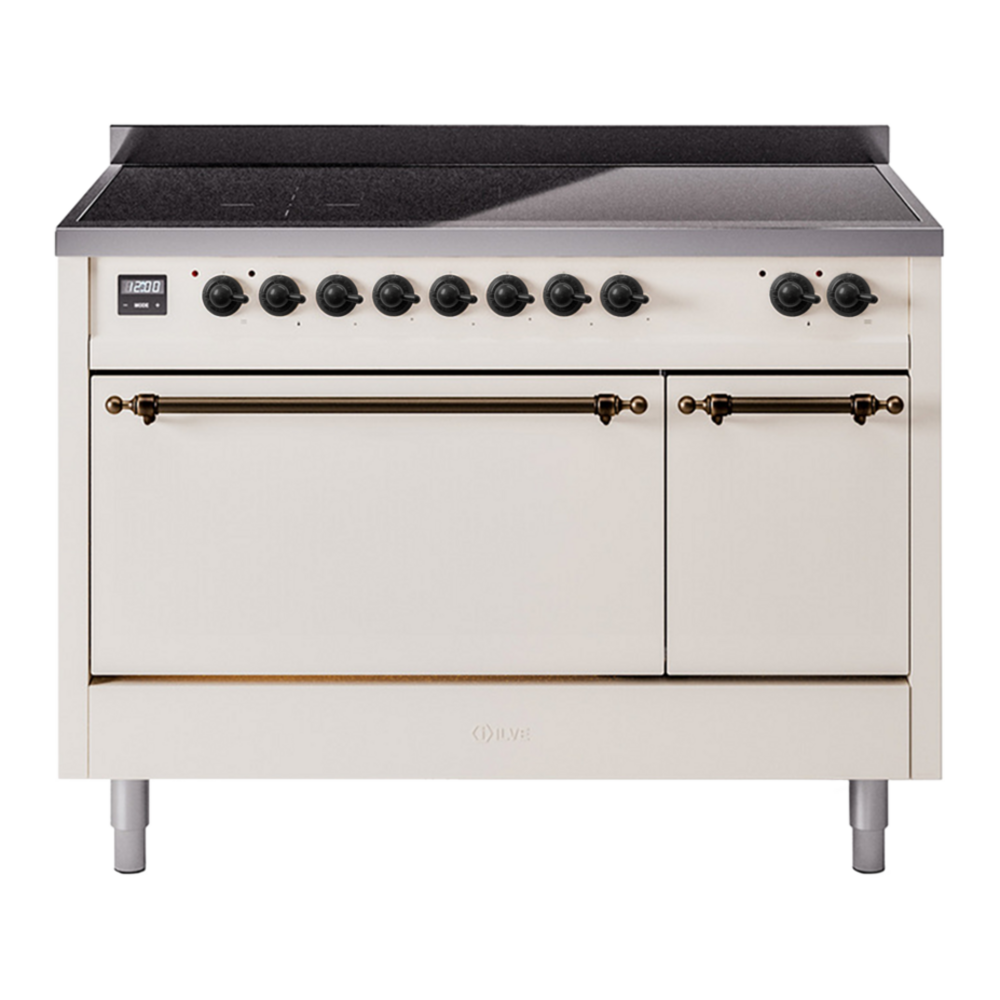 ILVE Nostalgie II 48" Induction Range - Double Ovens, 6-Element Induction - Solid Door - Antique White / Bronze