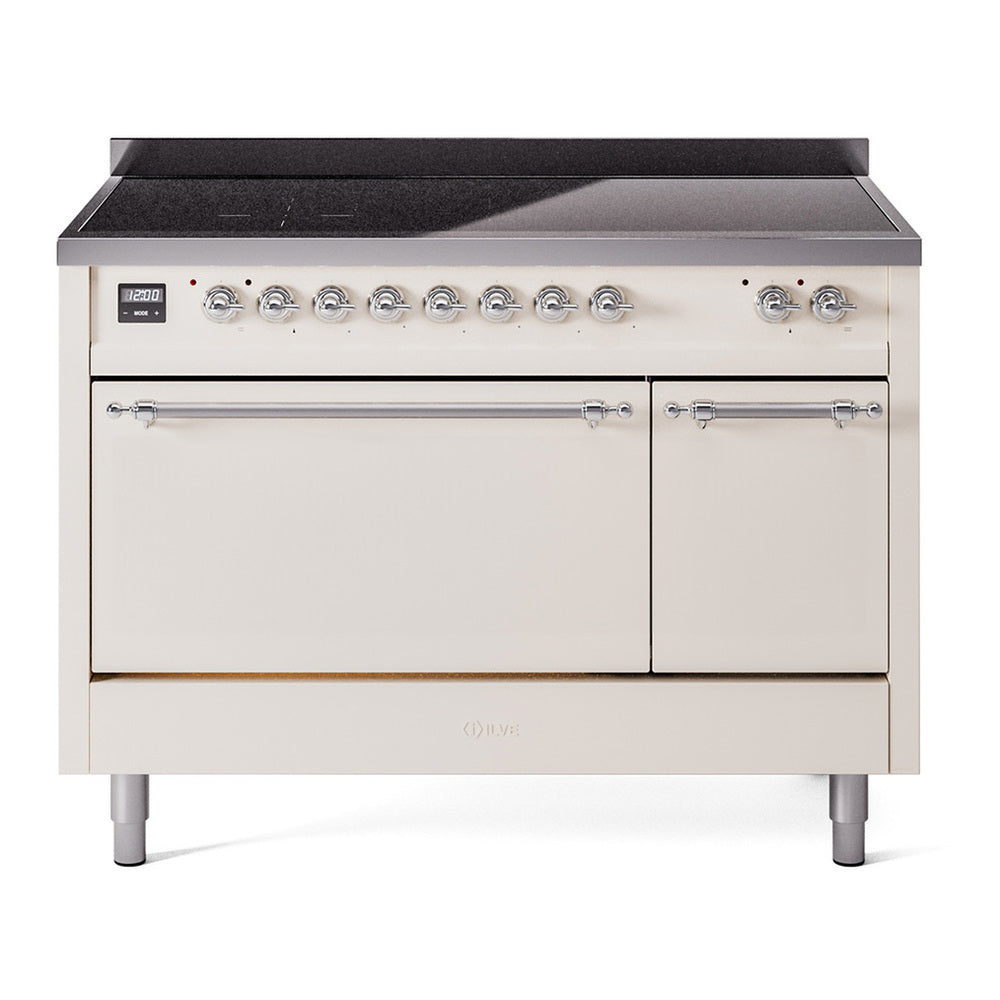 ILVE Nostalgie II 48" Induction Range - Double Ovens, 6-Element Induction - Solid Door - Antique White / Chrome