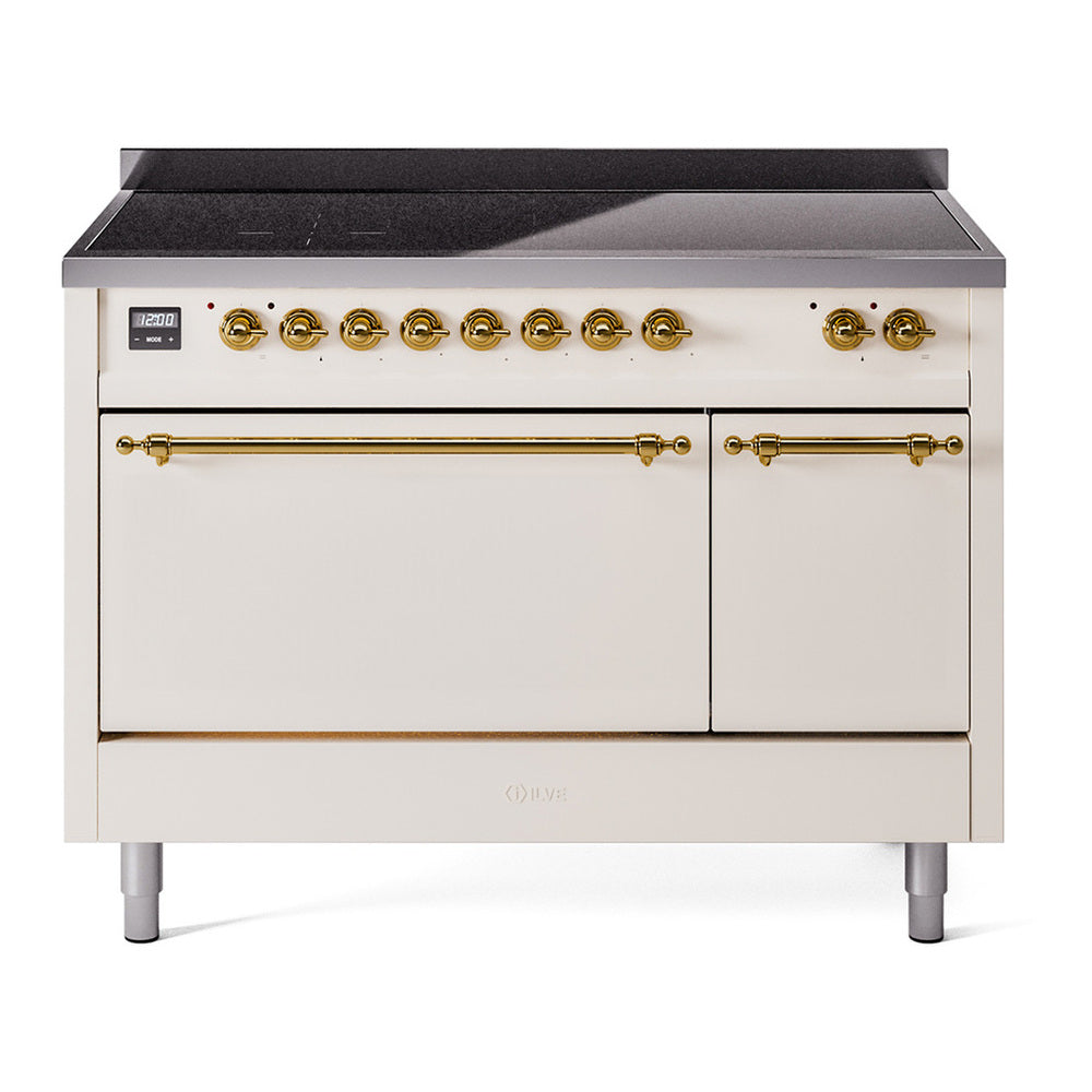 ILVE Nostalgie II 48" Induction Range - Double Ovens, 6-Element Induction - Solid Door - Antique White / Brass