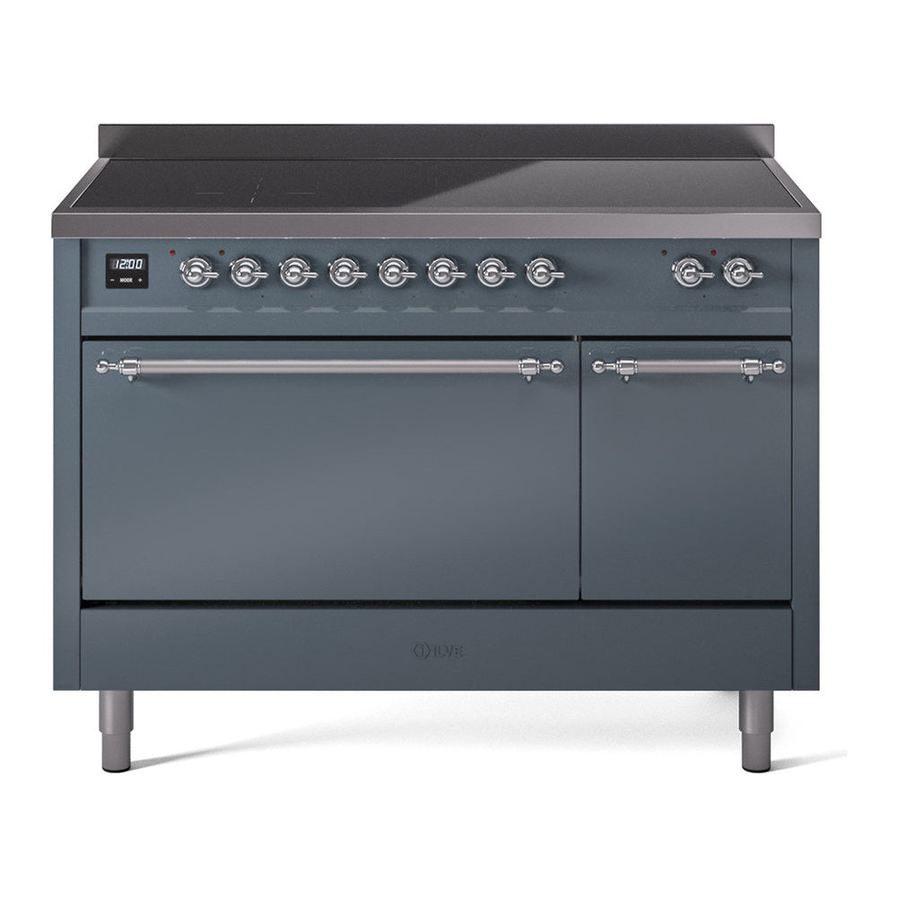 ILVE Nostalgie II 48" Induction Range - Double Ovens, 6-Element Induction - Solid Door - Blue Grey / Chrome