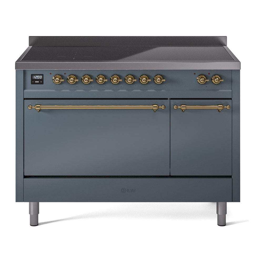 ILVE Nostalgie II 48" Induction Range - Double Ovens, 6-Element Induction - Solid Door - Blue Grey / Brass