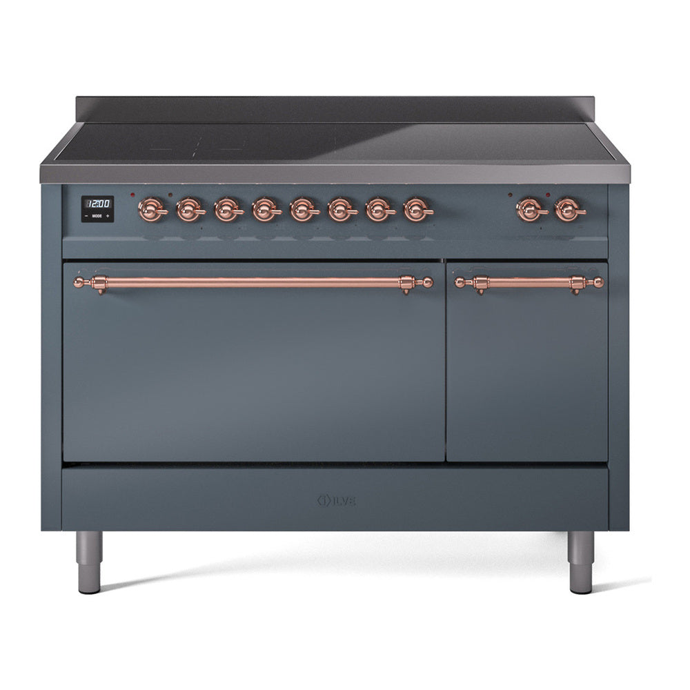 ILVE Nostalgie II 48" Induction Range - Double Ovens, 6-Element Induction - Solid Door - Blue Grey / Copper
