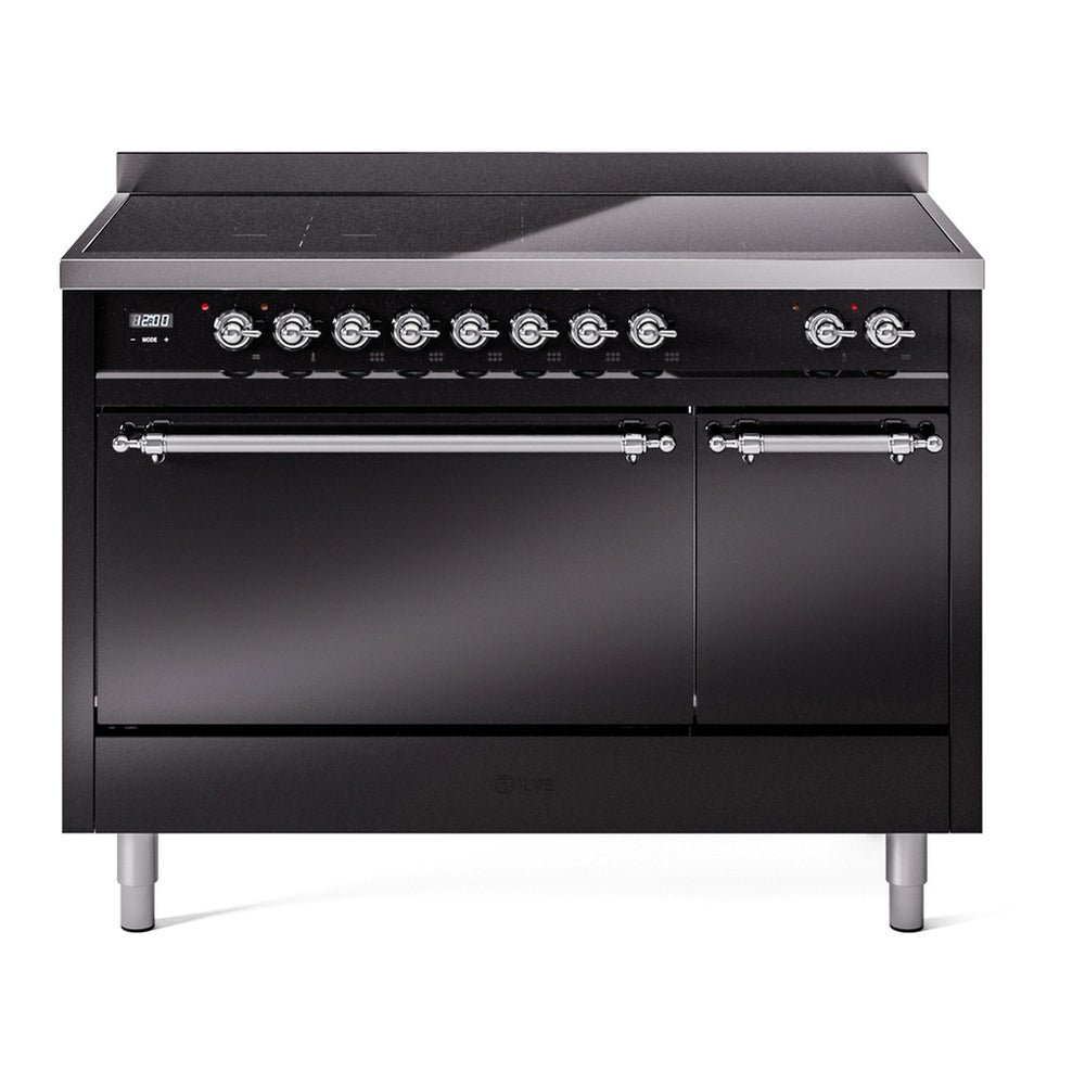 ILVE Nostalgie II 48" Induction Range - Double Ovens, 6-Element Induction - Solid Door - Glossy Black / Chrome