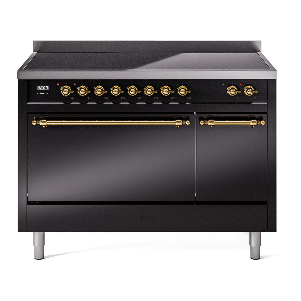 ILVE Nostalgie II 48" Induction Range - Double Ovens, 6-Element Induction - Solid Door - Glossy Black / Brass