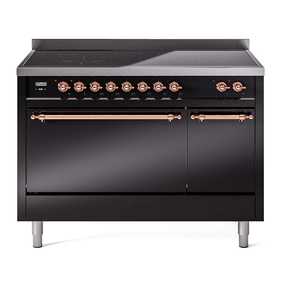 ILVE Nostalgie II 48" Induction Range - Double Ovens, 6-Element Induction - Solid Door - Glossy Black / Copper