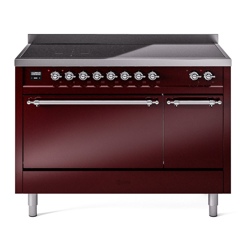 ILVE Nostalgie II 48" Induction Range - Double Ovens, 6-Element Induction - Solid Door - Burgundy / Chrome