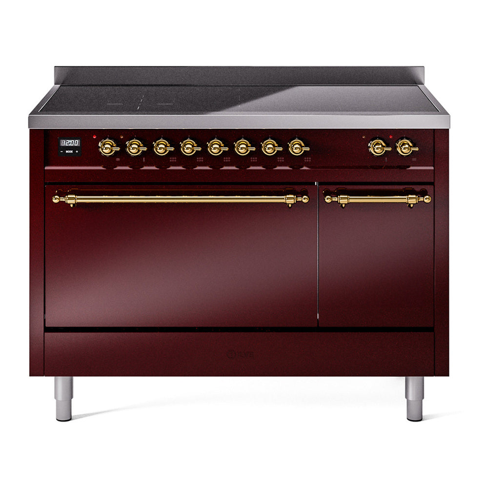 ILVE Nostalgie II 48" Induction Range - Double Ovens, 6-Element Induction - Solid Door - Burgundy / Brass