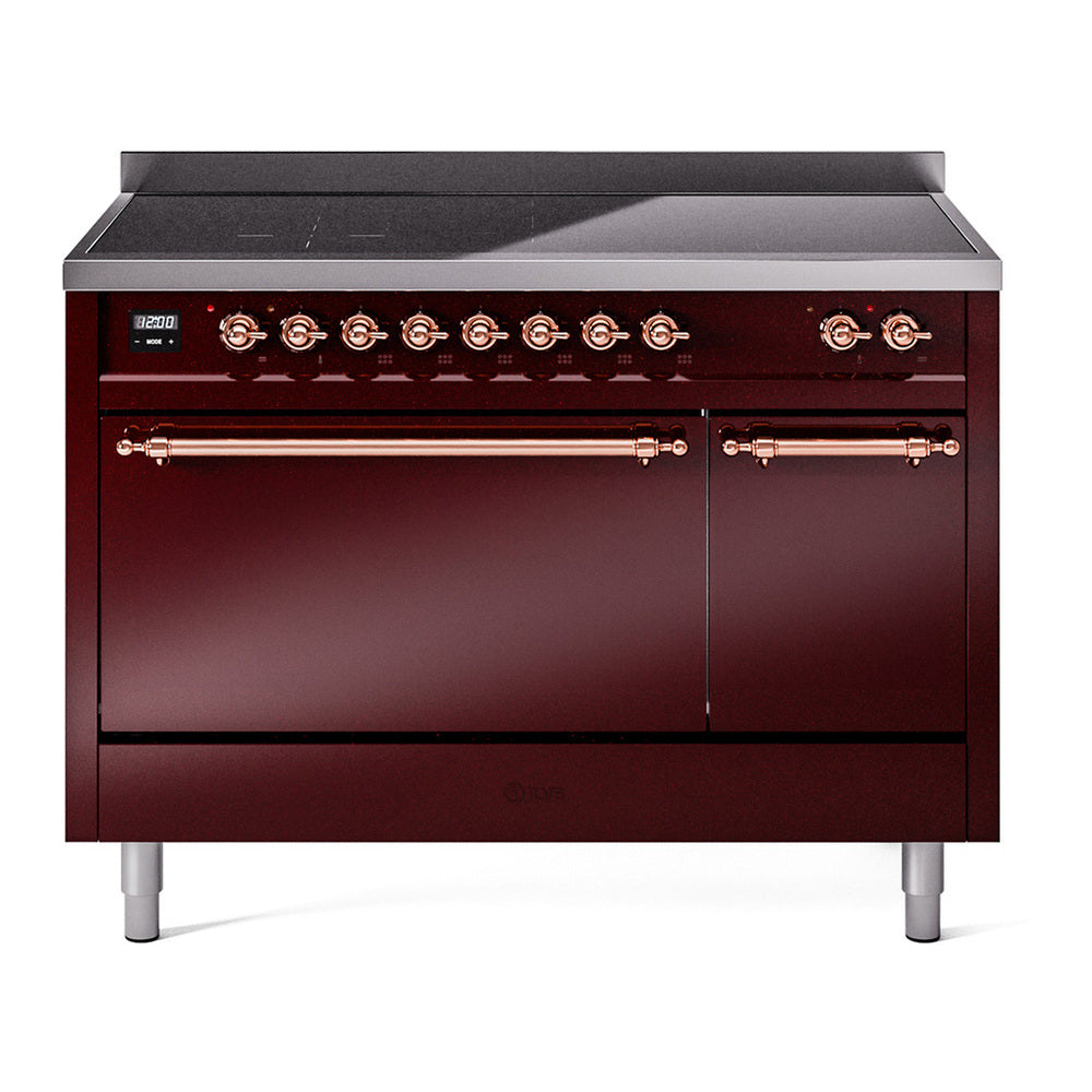 ILVE Nostalgie II 48" Induction Range - Double Ovens, 6-Element Induction - Solid Door - Burgundy / Copper
