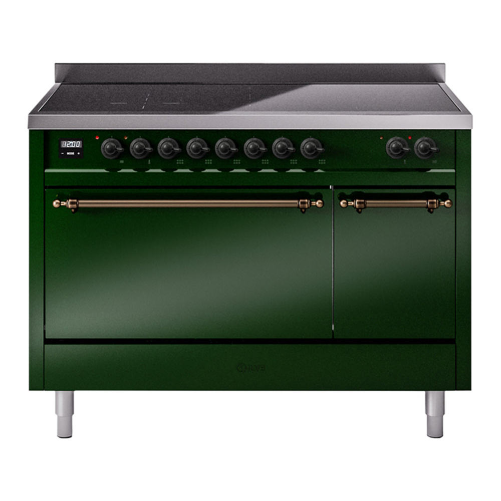 ILVE Nostalgie II 48" Induction Range - Double Ovens, 6-Element Induction - Solid Door - Emerald Green / Bronze