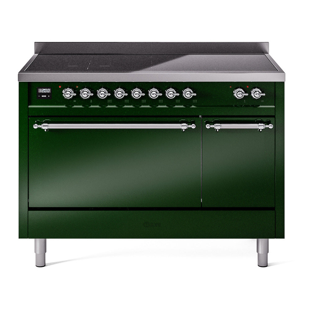 ILVE Nostalgie II 48" Induction Range - Double Ovens, 6-Element Induction - Solid Door - Emerald Green / Chrome