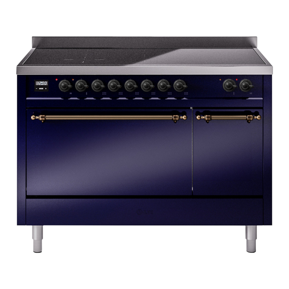 ILVE Nostalgie II 48" Induction Range - Double Ovens, 6-Element Induction - Solid Door - Midnight Blue / Bronze