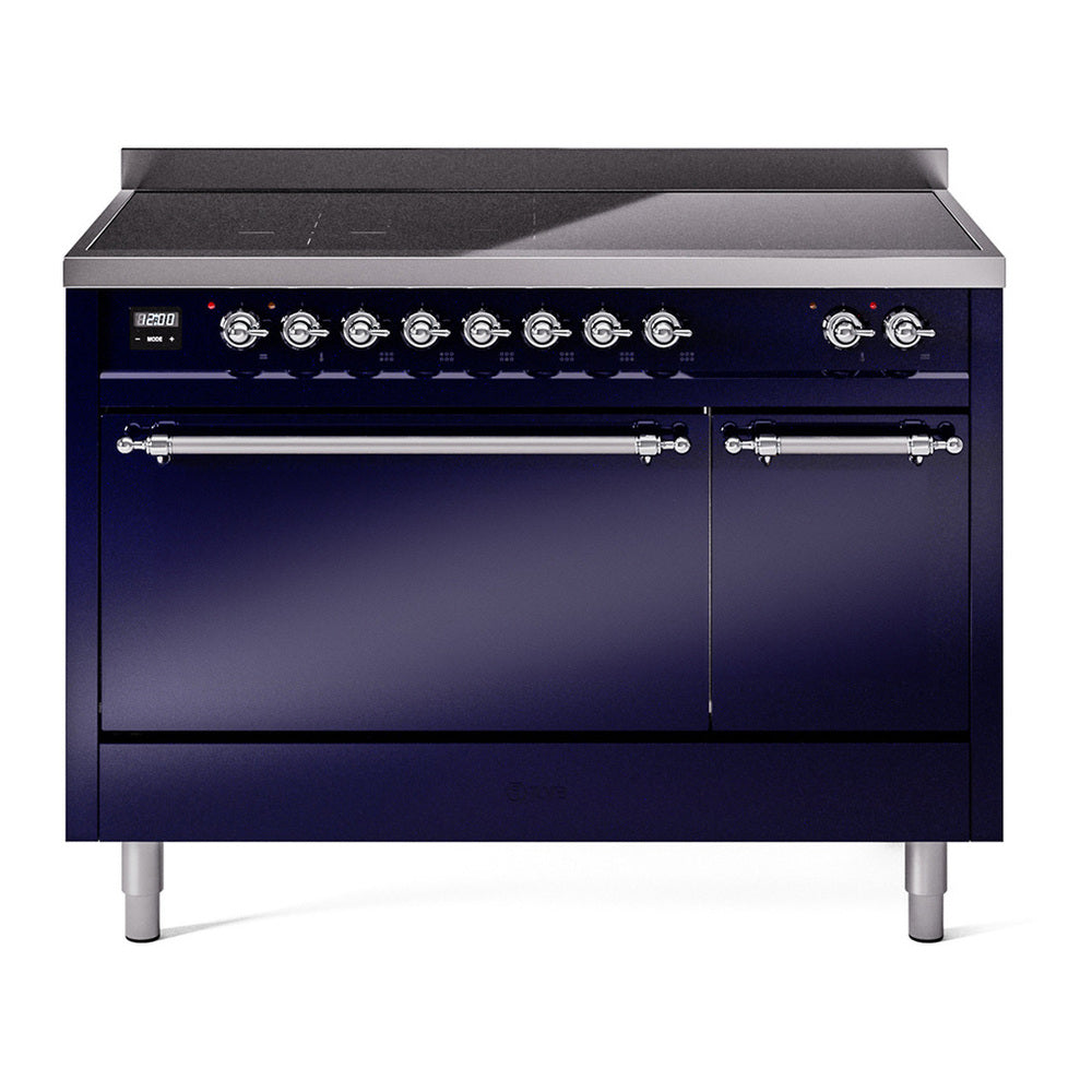 ILVE Nostalgie II 48" Induction Range - Double Ovens, 6-Element Induction - Solid Door - Midnight Blue / Chrome